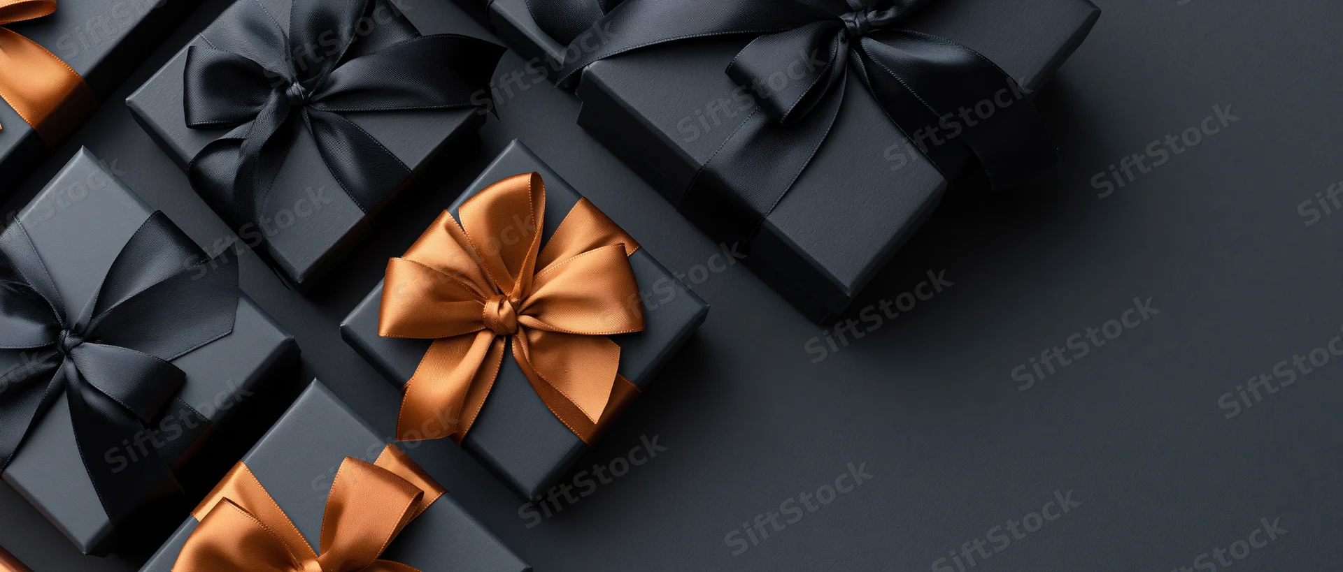 Matte black gift boxes with satin ribbons arranged on dark surface