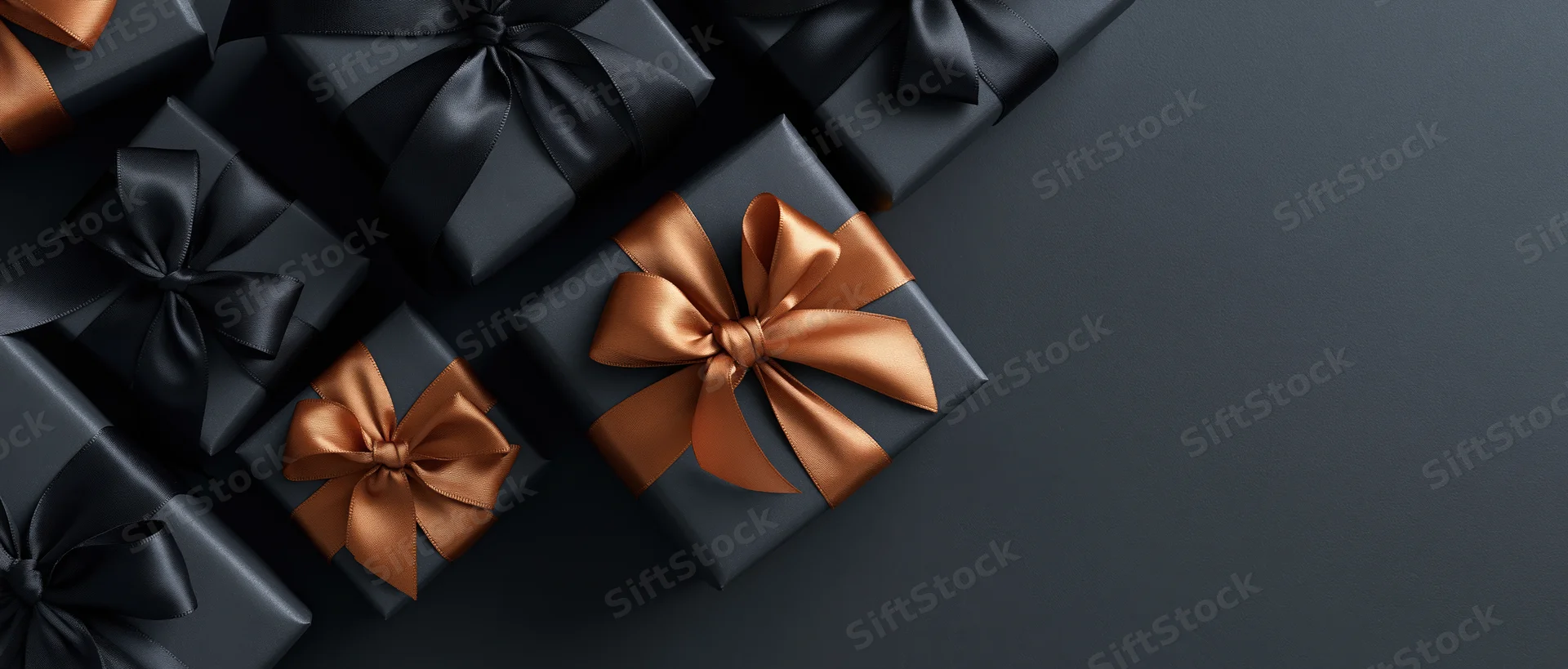 Matte black gift boxes with satin ribbons arranged in a flat lay on dark surface with copyspace