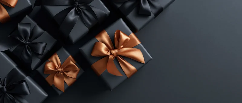 Matte black gift boxes with satin ribbons arranged in a flat lay on dark surface with copyspace