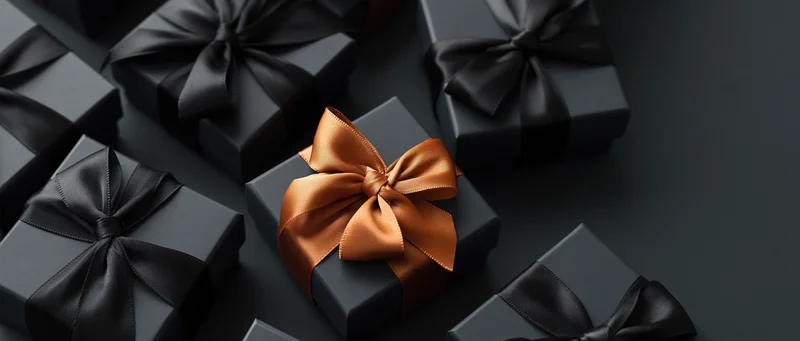 Matte black gift boxes with satin ribbons arranged in a flat lay, one with a brown bow, on a dark surface