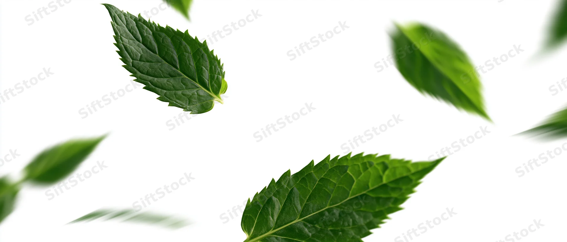 Green leaves floating mid-air against white background