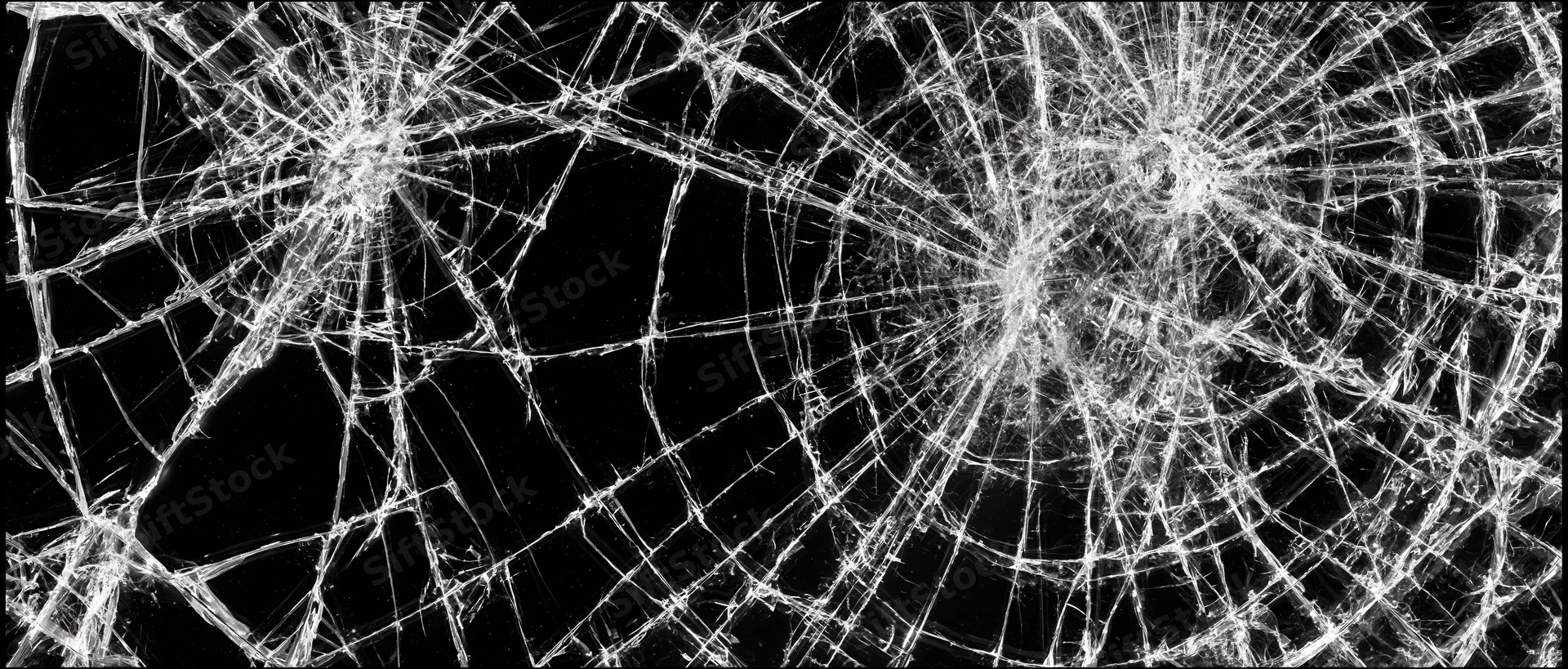 Shattered glass pane with multiple impact points radiating cracks across the surface