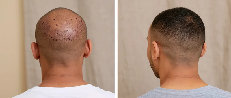 Back of a man’s head showing before and after hair transplant with visible grafts and regrown hair