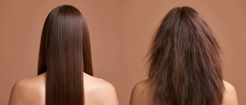 Two women from behind showing smooth straight hair and frizzy damaged hair for hair treatment comparison