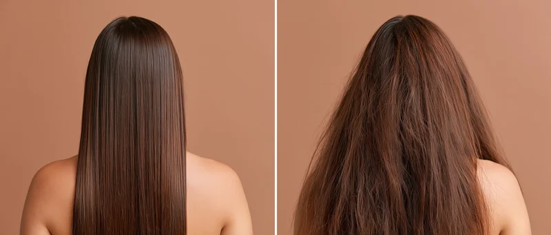 Woman’s back view showing straight smooth hair beside frizzy damaged hair in studio setting