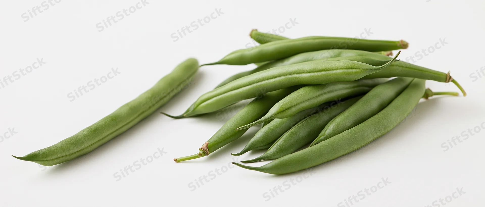 Fresh green beans arranged in small pile with one lying flat on white surface