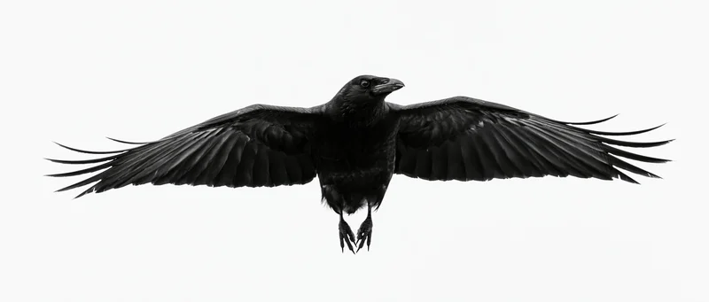Crow in mid-flight with wings fully spread against white background