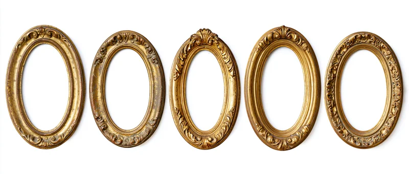 Five antique gold oval frames arranged horizontally on white background