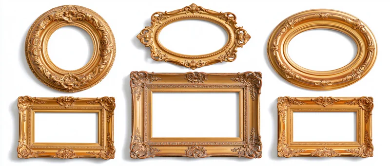 Six antique gold ornate picture frames arranged in a flat lay collection on white background