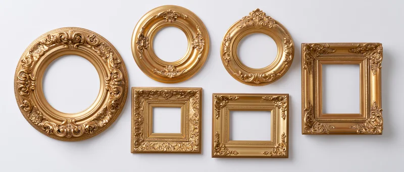Six antique gold ornate picture frames arranged in flat lay on white background