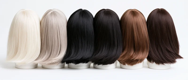 Six bob-cut wigs arranged in a row on white mannequin heads for display