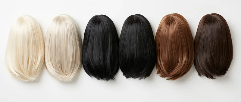 Six bob-cut wigs arranged in a row on a white background