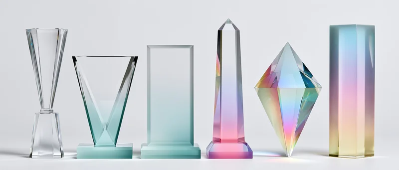 Six crystal and glass award trophies arranged in a row on a white surface