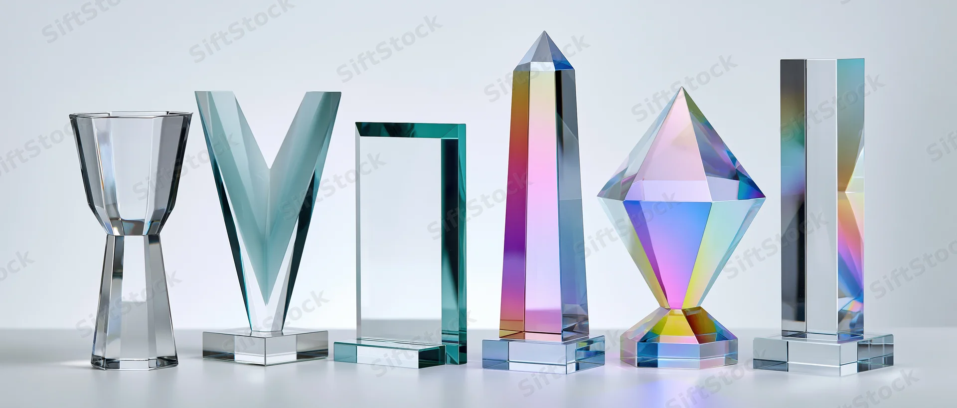 Six crystal and glass trophies arranged in a row on a white surface