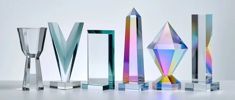 Six crystal and glass trophies arranged in a row on a white surface