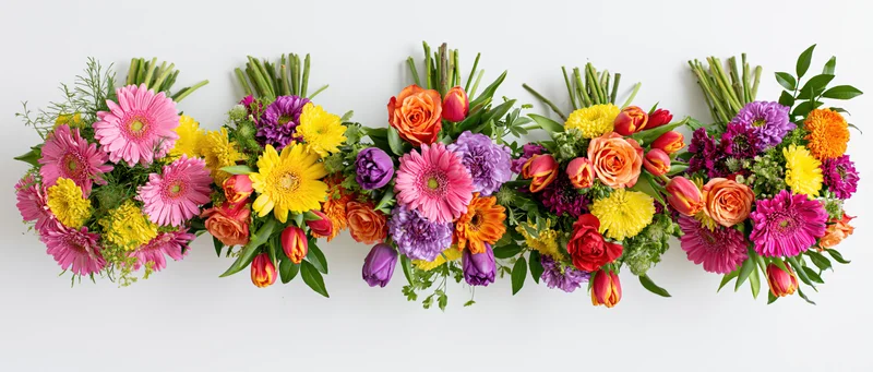 Six colorful flower bouquets arranged in a row on white background