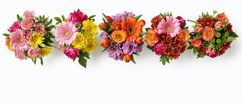 Six cut flower bouquets arranged in a horizontal row on white background