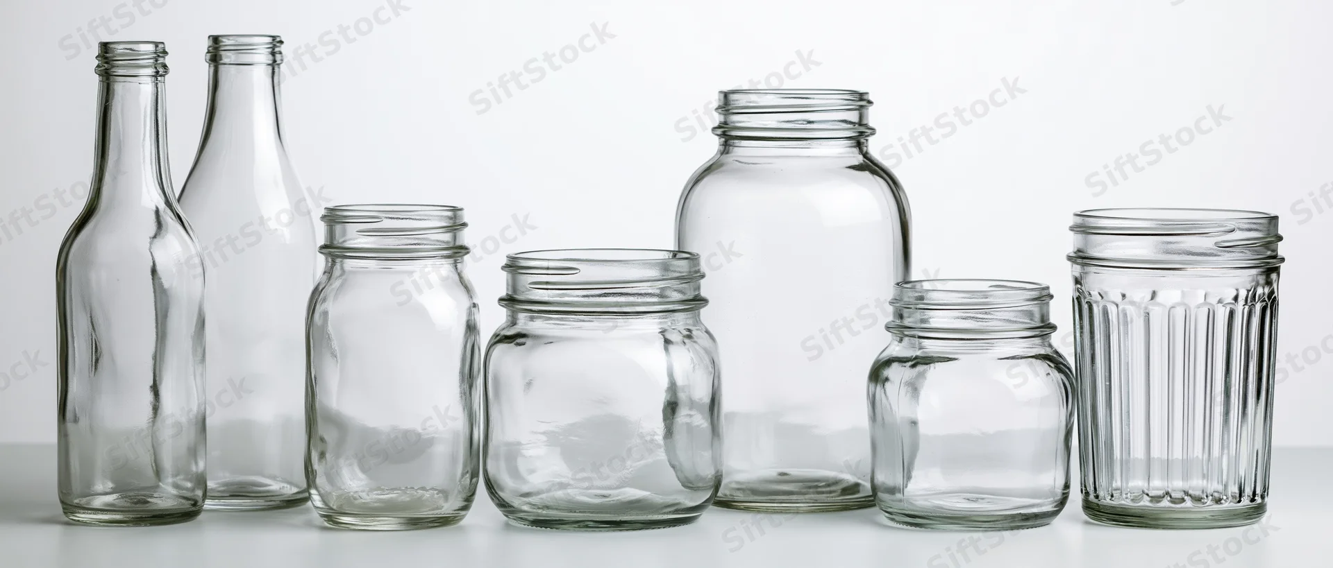 Empty clear glass jars and bottles arranged in a row on a white surface