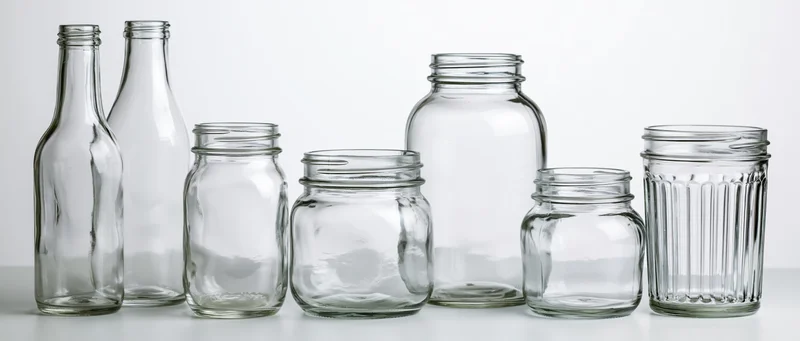 Empty clear glass jars and bottles arranged in a row on a white surface