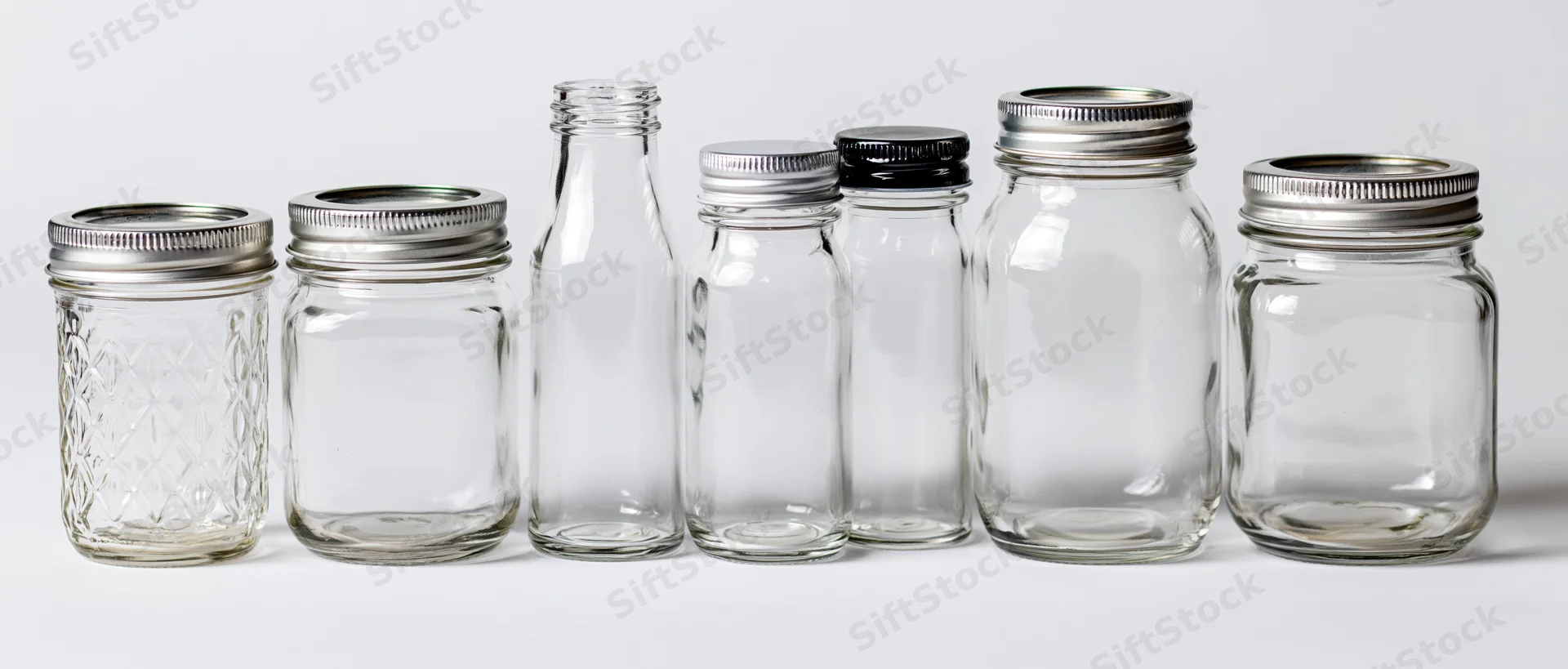 Row of empty clear glass jars and bottles with metal lids arranged in a line on white background