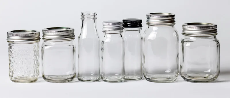 Row of empty clear glass jars and bottles with metal lids arranged in a line on white background