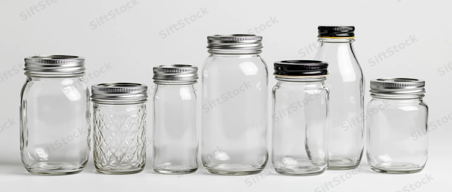 Seven empty clear glass jars with metal lids arranged in a row on a white surface