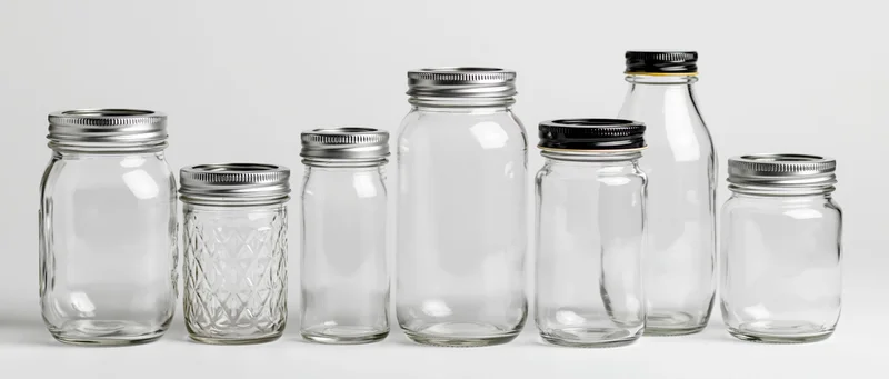 Seven empty clear glass jars with metal lids arranged in a row on a white surface