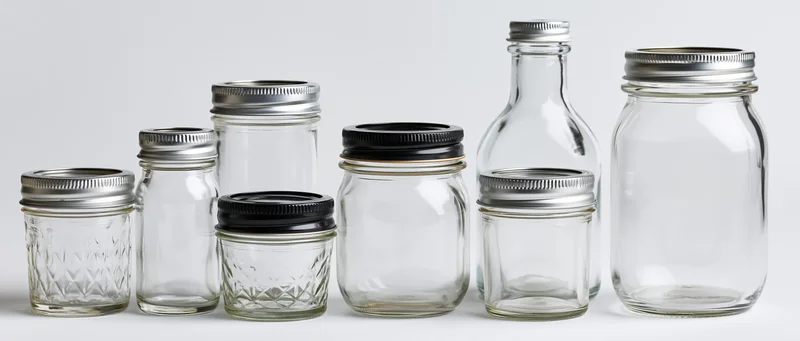 Empty clear glass jars and bottles with metal lids arranged in a row on a white surface