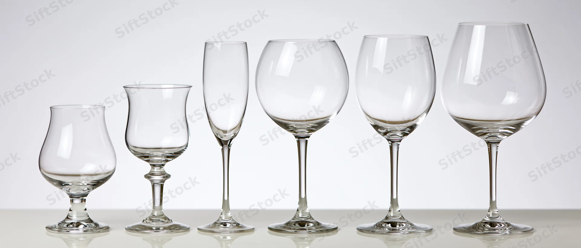 Six empty glassware pieces arranged in a row from shortest to tallest on a white surface