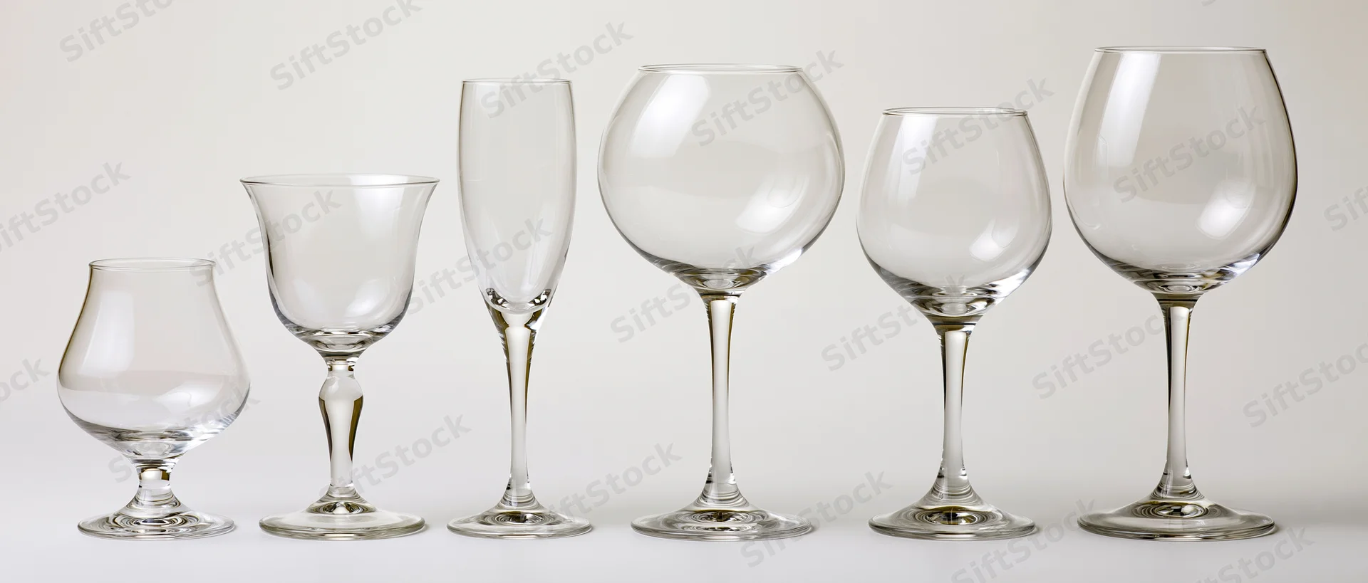 Six empty glassware pieces arranged in a row from shortest to tallest on a white surface