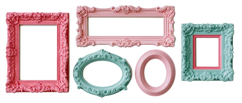 Six ornate baroque-style picture frames in pink and mint arranged on white background