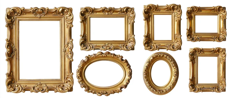Ornate gilded picture frames arranged in a row against a white background