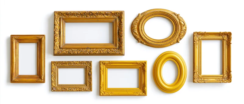 Six ornate gold picture frames arranged on a plain white background