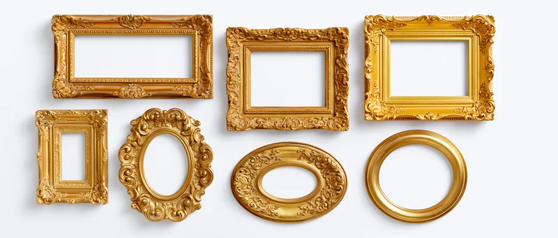 Six ornate gold picture frames arranged on a plain white background
