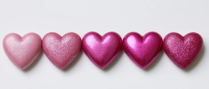 Five pink hearts in a row on a white surface