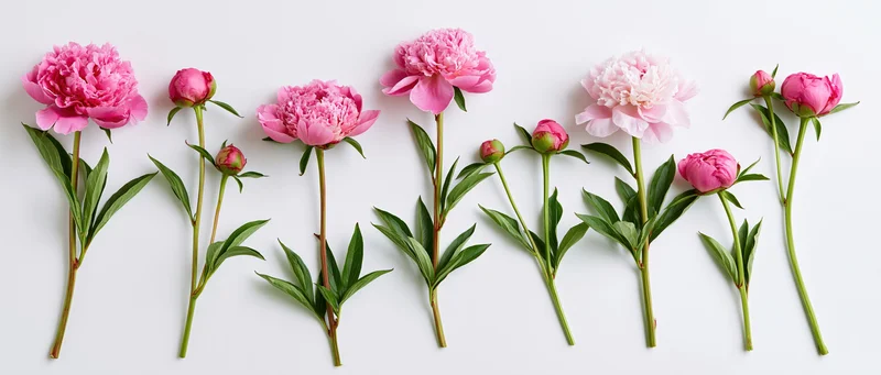 Six pink peony stems in various bloom stages arranged horizontally on white background