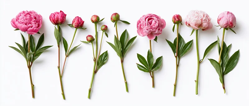 Six pink peony stems arranged horizontally in a row on white background