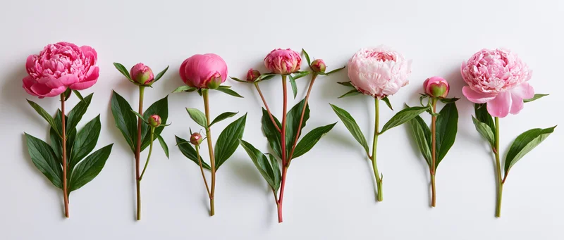 Six pink peony stems in various bloom stages arranged horizontally on white background