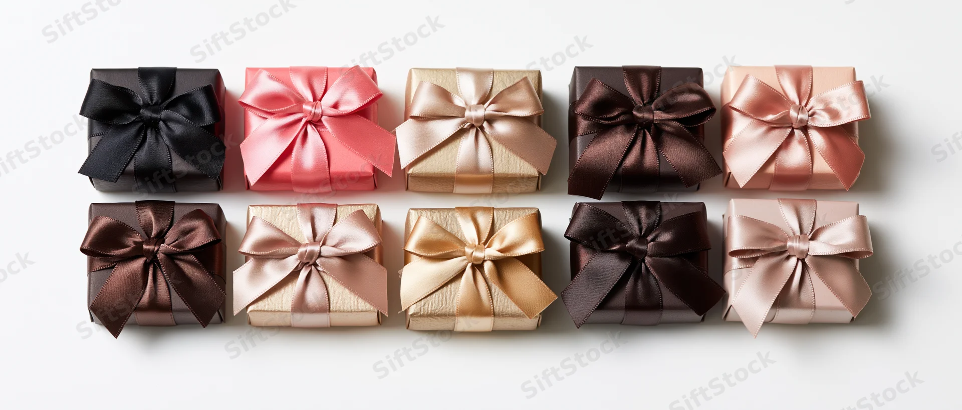 Ten small gift boxes with satin bows arranged in two rows on a white background