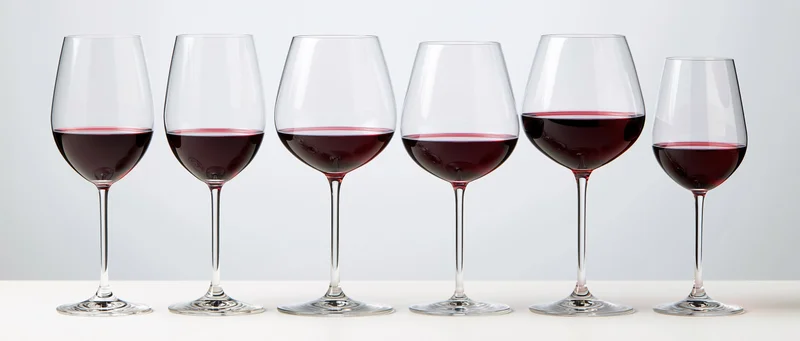 Six stemmed wine glasses in a row filled with red wine on a white table against a light background