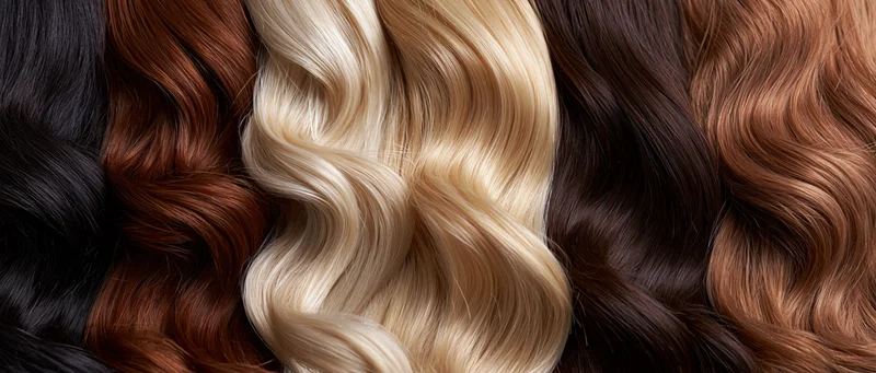 Six wavy hair extensions in different colors arranged side by side