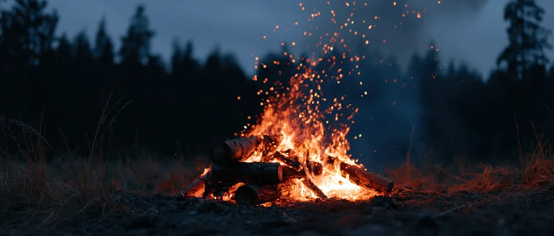 Small campfire burning with stacked logs glowing orange flame in a forest at night