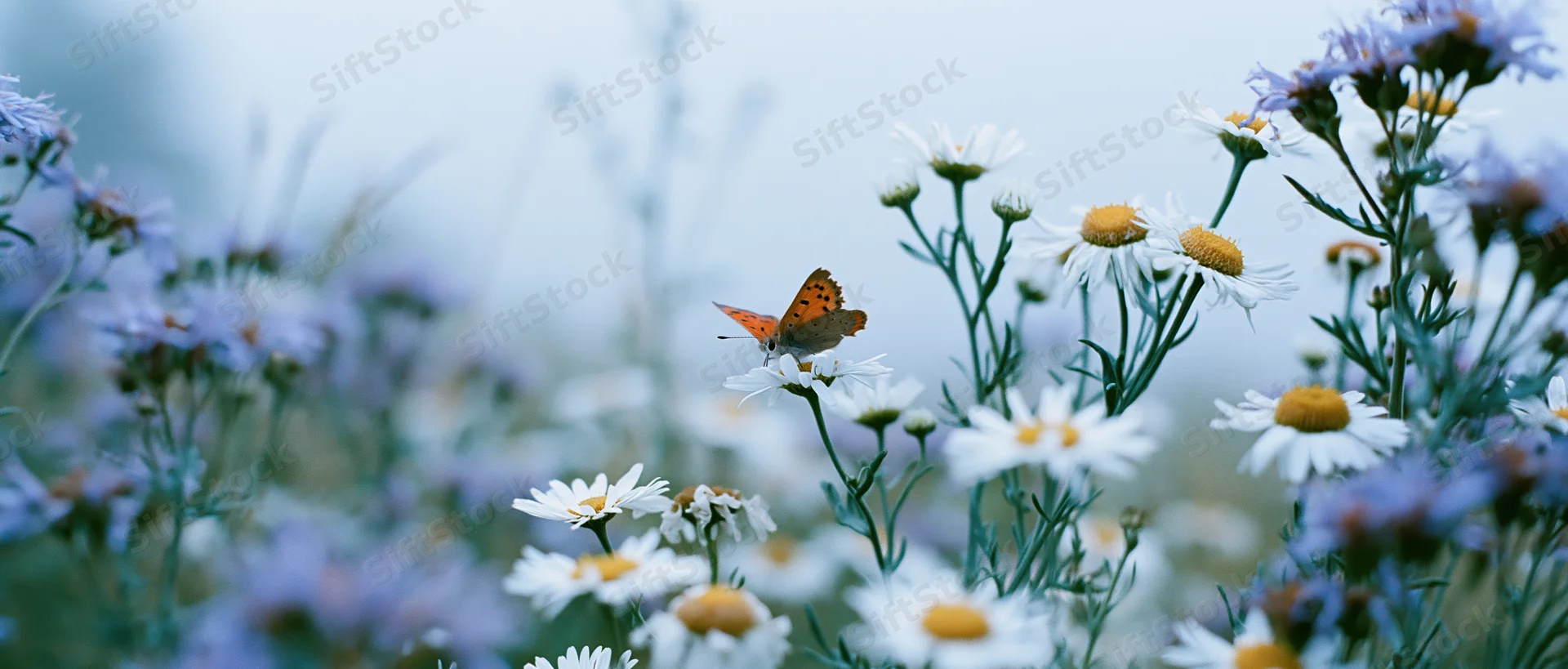 Small copper butterfly perched on a wild chamomile bloom among other flowers in a meadow