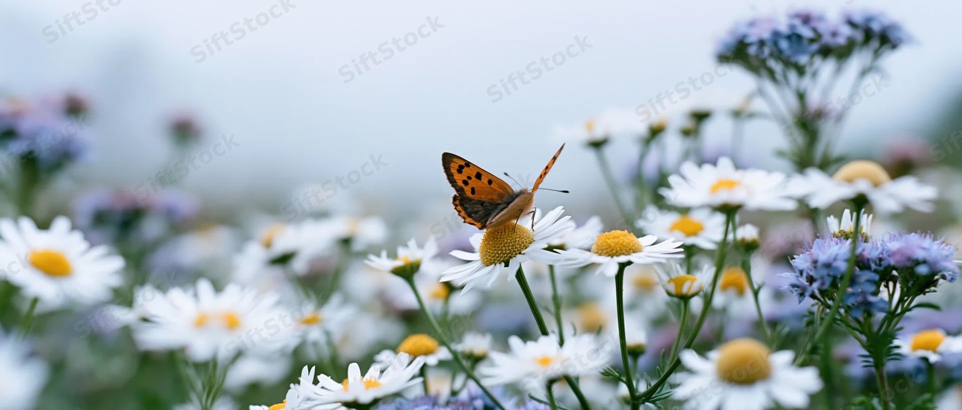 Copper butterfly perched on white chamomile bloom in a wildflower meadow