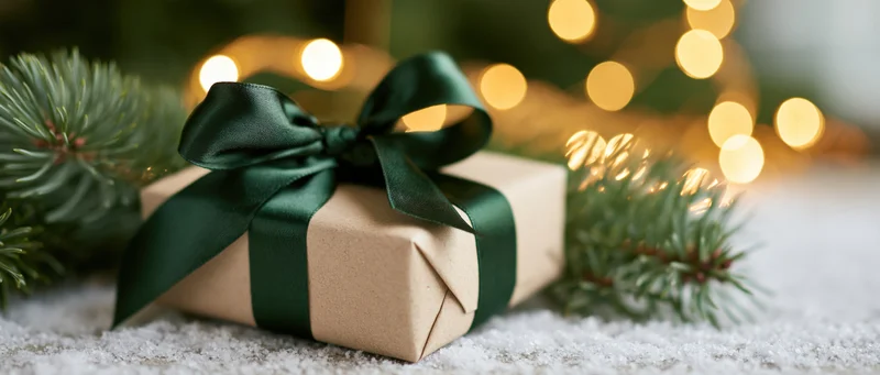 Small kraft paper gift box tied with dark green satin ribbon on snowy surface with pine branches and blurred holiday lights