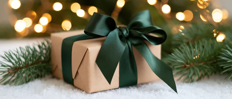 Gift box wrapped in kraft paper with dark green satin ribbon on snow near pine branches and blurred holiday lights