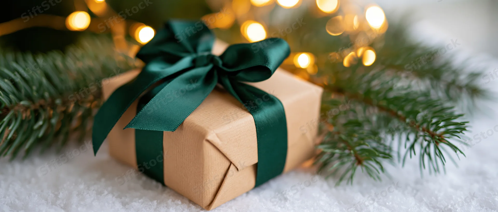 Small kraft paper gift box tied with dark green satin ribbon on snowy surface near pine branches and blurred holiday lights