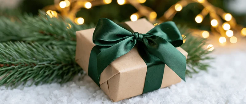 Small kraft paper gift box tied with dark green satin ribbon on snow near pine branches and glowing lights