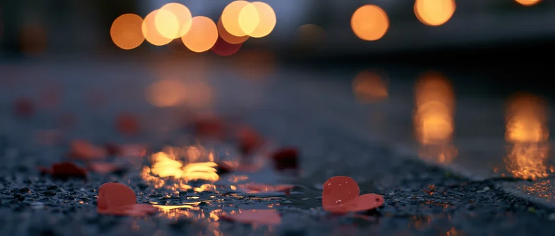 Red paper hearts scattered on wet city pavement reflecting street lights at dusk