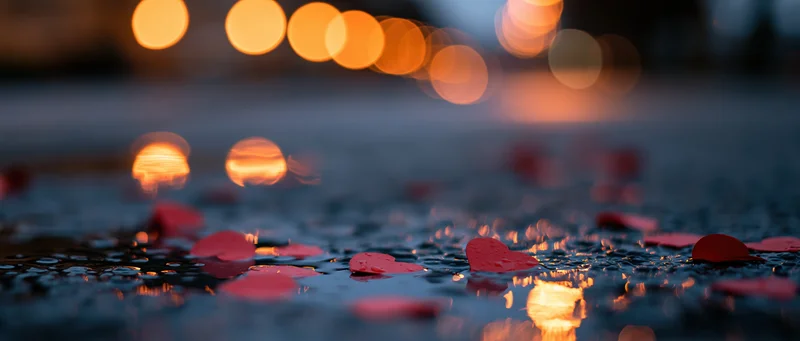Red paper hearts scattered on wet city pavement with blurred streetlights reflecting in water at night